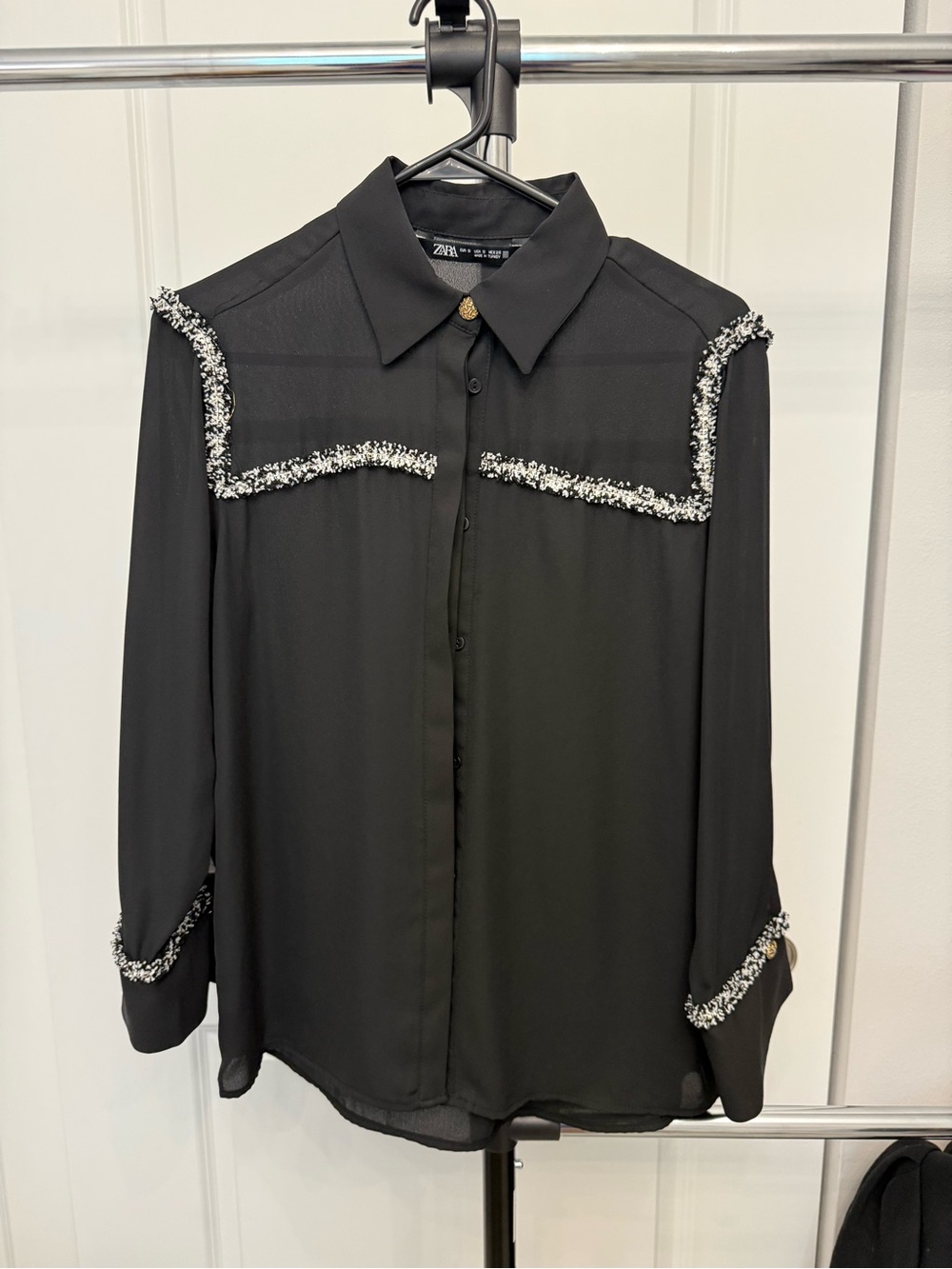 Zara Black Button-Front Blouse with Tweed-Trim Accents